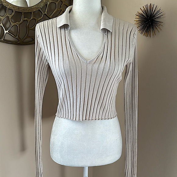 NWT Pebble Gray Ribbed Crop Polo Sweater - Picture 1 of 6